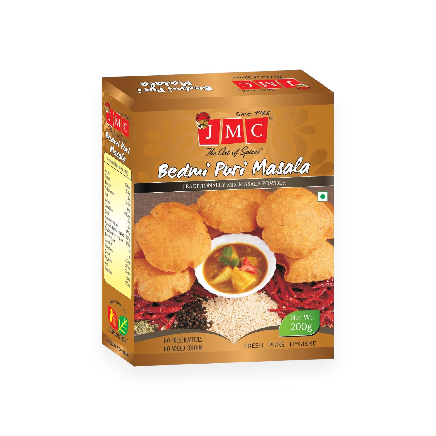 Jmc bedmi puri masala 100g box front side